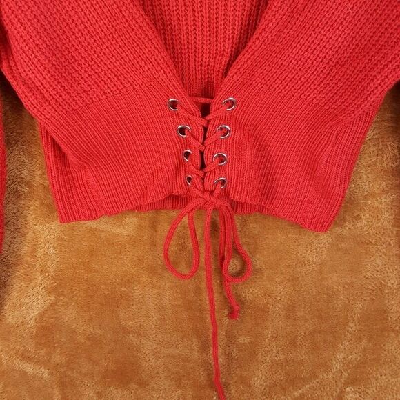 SEEK THE LABEL Womens Sweater Small Red Pullover Boatneck Corset Lace Up - Picture 2 of 8